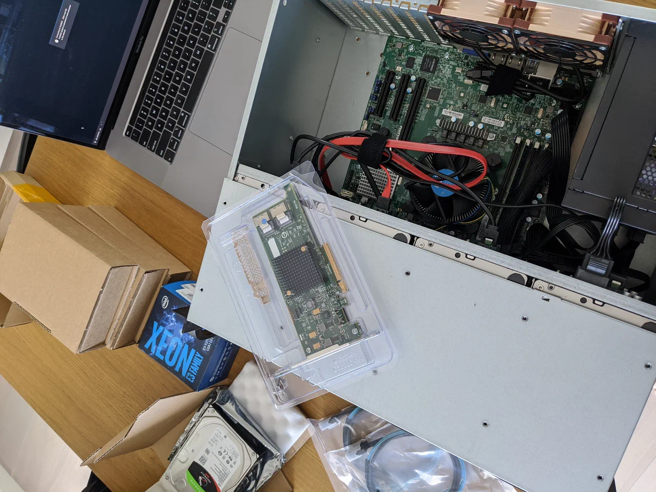 Server case opened up with new hardware going in